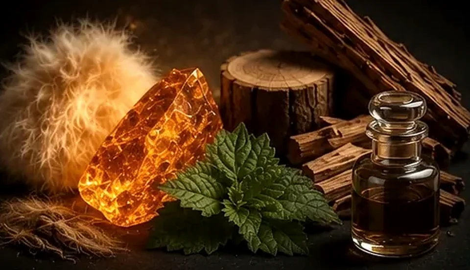 Amber, cedarwood, sandalwood, patchouli leaves, musk, and perfume oil.