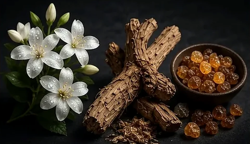 Jasmine flowers, orris root, and myrrh resin.