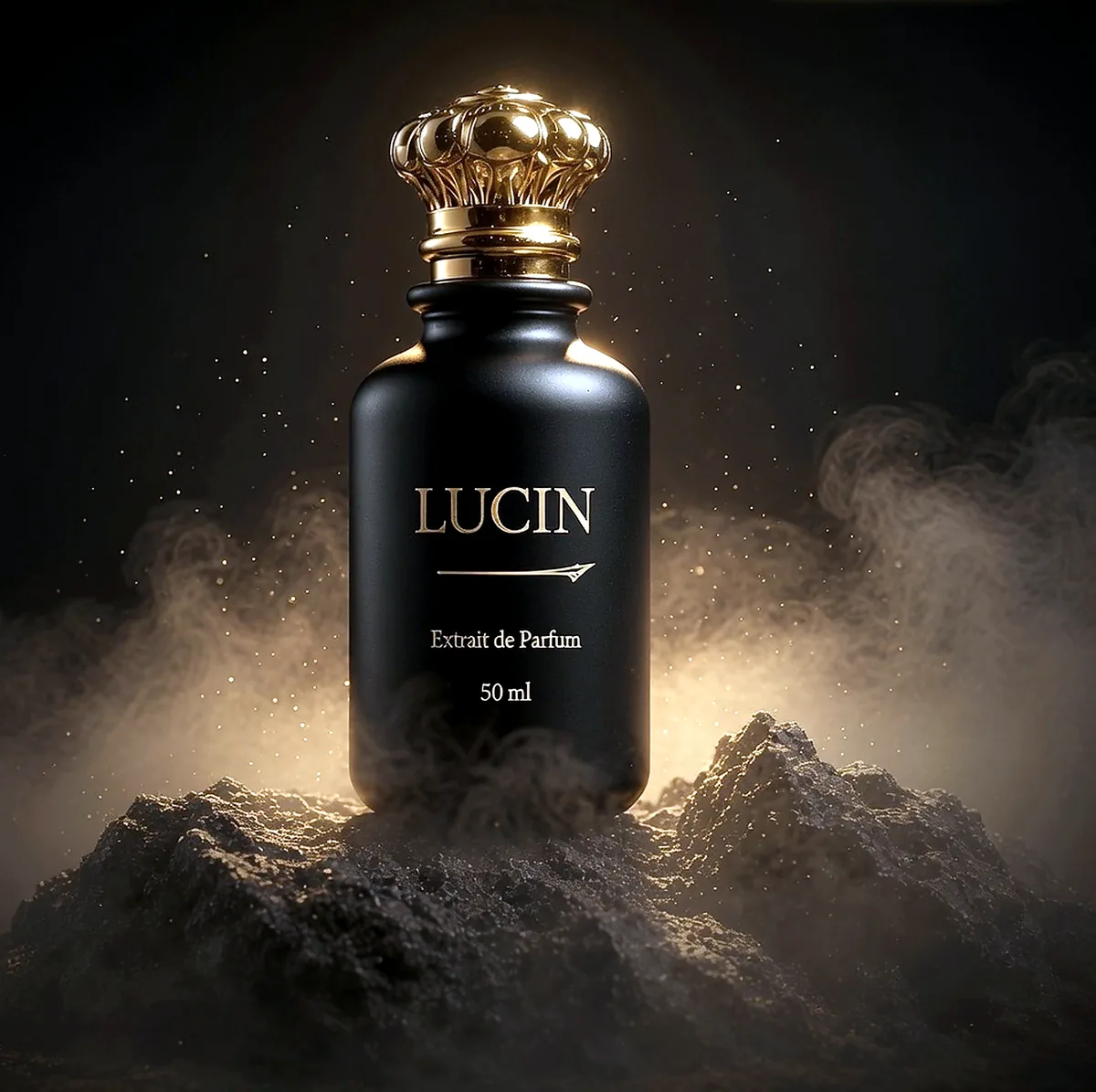 LUCIN perfume bottle fully visible in warm golden light.