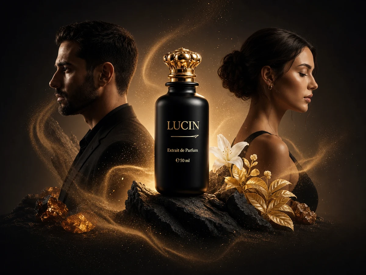 A man and woman beside the complete LUCIN perfume bottle in warm golden light.